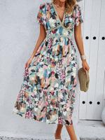 V Neck Casual Floral Dress With No - thumbnail