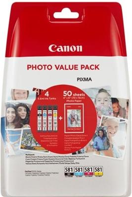 Canon CLI-581 - Inktcartridges Zwart / Cyaan / Magenta / Geel + 50 vel fotopapier 10x15 cm Canon CLI-581 - Inktcartridges Zwart / Cyaan / Magenta / Geel + 50 vel fotopapier 10x15 cm