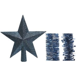 Kerstversiering kunststof glitter ster piek 19 cm en folieslingers pakket donkerblauw van 3x stuks