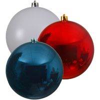 Kerstversieringen set van 6x grote kunststof kerstballen blauw-wit-rood 14 cm glans - thumbnail