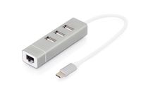 Digitus DA-70253 USB 2.0-hub 3 + 1 poorten Met USB-C stekker, Met aluminium behuizing, Met ingebouwde converter, Met metalen behuizing Aluminium - thumbnail