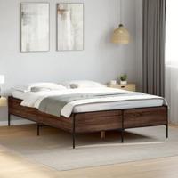 vidaXL Bedframe bewerkt hout metaal bruin eikenkleur 150x200 cm, bed, bed ombouw, twijfelaar bed, bedbodem, slaapkamermeubel, 2 persoonsbed