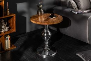 Design bijzettafel EXTRAVAGANCIA 50cm massief mangohout ronde metalen kolomvoet zilver - 39090