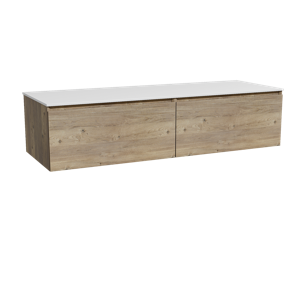 Storke Edge zwevend badmeubel 150 x 52 cm ruw eiken met Tavola enkel of dubbel wastafelblad in solid surface mat wit