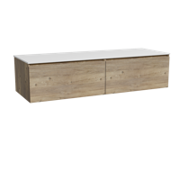 Storke Edge zwevend badmeubel 150 x 52 cm ruw eiken met Tavola enkel of dubbel wastafelblad in solid surface mat wit