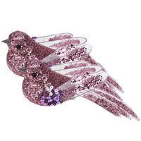 2x stuks kunststof decoratie vogels op clip roze met pailletten 15 cm   -