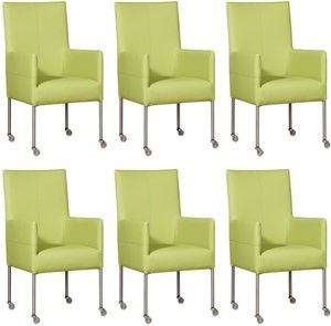 Set van 6 Felgroene leren moderne eetkamerstoelen Spark - poot rond rvs met wiel - Toledo Leer Lime (felgroen leer)