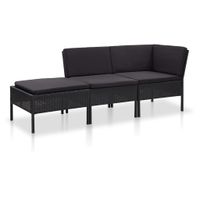 3-delige Loungeset met kussens poly rattan zwart - thumbnail