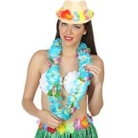 Carnaval verkleed set - Tropische Hawaii party - bloemen band strohoedje - en bloemenkrans blauw - thumbnail