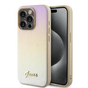 iPhone 15 Pro Guess Iridescent Metal Script Hybrid Hoesje - Goud