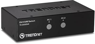 TRENDnet TK-222DVK DVI KVM-switch met 2 poorten, met audio (beheer van twee pc's, hot keys, USB 2.0, metalen behuizing, gebruik met een DVID-D-monitor)