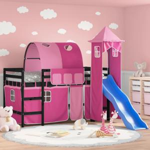 Kinderhoogslaper met toren 90x190 cm massief grenenhout roze SKU: V3207116