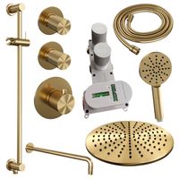 Regendoucheset Inbouw Brauer Gold Carving Thermostatisch 30 cm met Gebogen Wandarm, Glijstang en Handdouche 3-Standen Geborsteld Goud Brauer