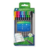 STAEDTLER Driehoekige fineliner triplus, gemaakt van gerecycled kunststof, superfijne, metalen omhulde 0,3 mm punt, lange levensduur, 10 fineliners in gesorteerde kleuren in kartonnen etui, 334 RC10