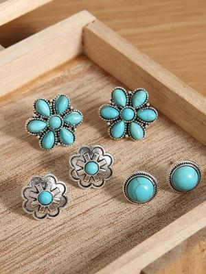 3Pcs Ethnic Vintage Natural Turquoise Earrings Set