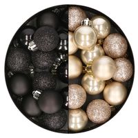 28x stuks kleine kunststof kerstballen zwart en champagne 3 cm   -