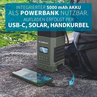 Albrecht L-POEV 160KA-SG Outdoorradio DAB+, VHF (FM) Noodradio, USB, Bluetooth Incl. lantaarn, Handslinger, Acculaadfunctie, Zonnepaneel, Oplaadbaar,