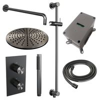 Regendoucheset Inbouw Brauer Gunmetal Carving Thermostatisch 30cm met 3-Weg Omstelling, Gebogen Wandarm, Glijstang en Staaf Handdouche Geborsteld Gunmetal - thumbnail