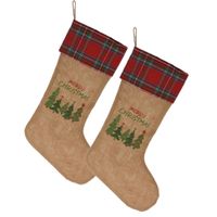 Decoratie kerstsok - 2x st - geruite rand - H52 cm - jute/polyester - thumbnail