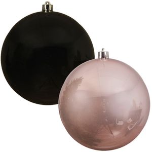 Kerstversieringen set van 6x grote kunststof kerstballen zwart en lichtroze 14 cm glans