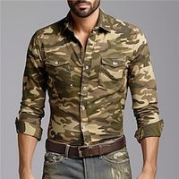 camouflage Casual Voor heren Overhemd Alledaagse kleding Uitgaan Weekend Herfst winter Strijkijzer Lange mouw Leger Groen, Donkergroen, Groen S, M, L 4-way stretchstof Overhemd Lightinthebox