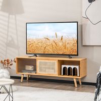 Moderne TV Standaard voor TV tot 55 Inch Bamboe Entertainment Centrum met Rotan Schuifdeuren en Gehard Glas Houtkleur - thumbnail