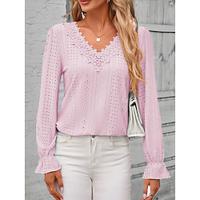 Dames Tuniek Effen Kleur Kant Vetergat Dagelijks Elegant Flutter mouw Lange mouw V-hals Blozend Roze Lente Herfst Lightinthebox