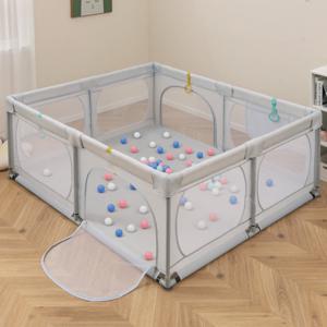 Grote Babybox met 50 Oceaanballen en 4 Handringen Kruipruimte met Ademend Net Box voor Peuters 189 x 158 x 68 cm (Lichtgrijs)