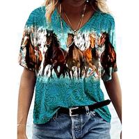 Dames T-shirt Paard Afdrukken Dagelijks Casual Korte mouw V-hals blauw Zomer Lightinthebox