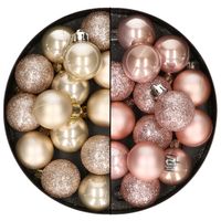 28x stuks kleine kunststof kerstballen lichtroze en champagne 3 cm   -