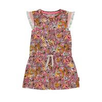 Vingino jurk Patty met all over print en ruches roze/geel/wit