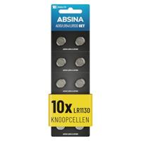 AG10 LR1130 Knoopcellen, verpakking van 10 stuks, 1,5 V alkaline knoopcellen, lekvrij en met lange houdbaarheid, LR54, V10GA / RW49, G10A, 189, GP189, L1130, 89A, knoopcelbatterijen ABSINA
