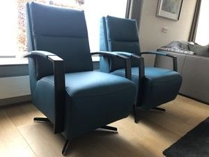 Set van 2 leren draaifauteuils met schotelvoet - blauw leer - Echt leer, Industrieel, ontdek de vele Leersoorten en Kleuren bij ShopX