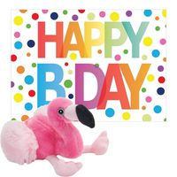 Pluche dieren knuffel flamingo 18 cm met Happy Birthday wenskaart