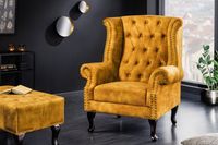 Design vleugelfauteuil CHESTERFIELD 85cm mosterdgeel fluweel knoopstiksel veerkern - 41444 - thumbnail