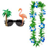 Tropische Hawaii party verkleed accessoires set - Funny zonnebril - en bloemenkrans groen/blauw