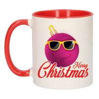Kerstcadeau mok / beker rood Merry Christmas roze smiley kerstbal 300 ml - Bekers