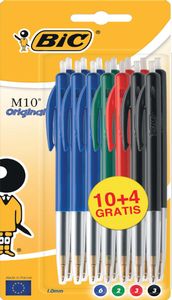 Bic balpen M10 Clic, 0,4 mm, medium punt, geassorteerde kleuren, blister 10 stuks + 4 gratis