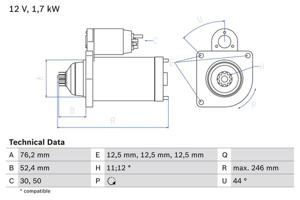 Startmotor / Starter BOSCH, Spanning (Volt)12V, u.a. für Seat, VW, Skoda, Audi