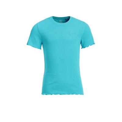 WE Fashion ribgebreid T-shirt met borduursels blauw