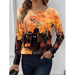 Dames T-shirt Ombre Afdrukken Halloween Dagelijks Casual Lange mouw Ronde hals Oranje Lente Herfst Lightinthebox