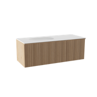 Balmani Forma zwevend badmeubel 135 x 55 cm naturel eiken met Tablo Oval asymmetrisch linkse wastafel in solid surface mat wit, Verticale asymmetrische ronde ribbel