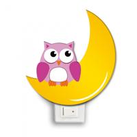 Dekori nachtlamp halve maan met uil led 12 x 4 cm hout geel/roze
