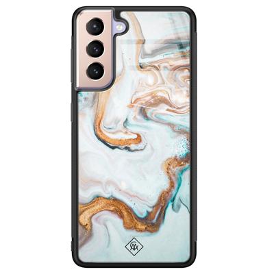 Samsung Galaxy S21 Plus glazen hardcase  - Goud blauw marmer