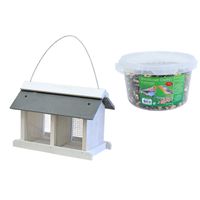 Vogelhuisje/voedersilo met twee vakken hout/leisteen 31 cm inclusief 4-seizoenen energy vogelvoer