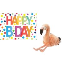 Pluche knuffel flamingo 18 cm met A5-size Happy Birthday wenskaart - thumbnail