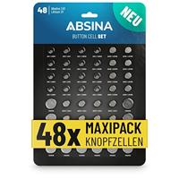 ABSINA Set van 48 alkaline en lithium knoopcellen - 4x AG1 / 4X AG3 / 8X AG4 / 8X AG10 / 8X AG13 / 4X CR2016 / 4x CR2025 / 8X CR2032-1,5V & 3 V knoopcelassortiment lekvrij - knoopcelbatterijen