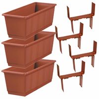 Set van 4 kunststof plantenbakken terracotta rechthoekig 40 cm met 8 verstelbare balkon/muurbeugels - thumbnail