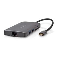 Nedis USB multi-poorts adapter - USB 3.2 Gen 1 - USB-C stekker - HDMI uitgang/Micro SD / RJ45 female/SD/USB-C female / 3X USB-A-bus - 5 Gbps - 0,20 m - rond - verguld - PVC - antraciet