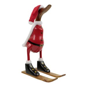 Houten Beeld Eend Kerstman op Ski's (27 x 20 cm)